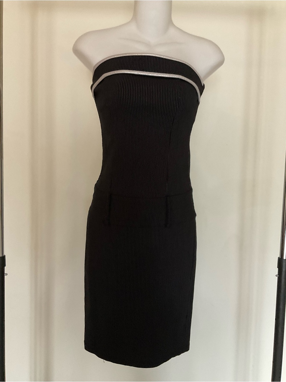 Black & Silver Pinstriped Strapless Dress